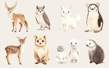 Naklejka premium Cute animal illustrations in soft watercolor style