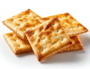 Fototapeta premium Close-up of several crispy crackers. Golden-brown, square crackers, stacked and angled, against a plain white background. Visible texture of the crackers