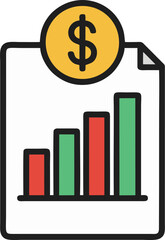 Flat vector illustration of a financial report document featuring a rising bar chart and a bold dollar symbol, perfect for business and finance themes