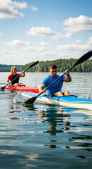 Fototapeta premium Two kayakers, a man and a woman, enjoy training on the calm waters of a picturesque lake, skillfully maneuvering their boats