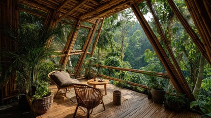 Obraz premium Bamboo villa jungle view relaxation tropical balcony