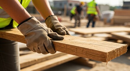 Construction worker holds wood plank on site wearing gloves and safety vest.