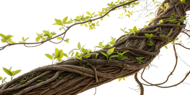 Twisted tree branches with new growth against a dark background