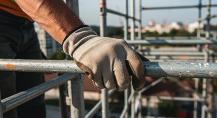 Hand in glove grips scaffolding metal structure outdoors during daytime construction work.