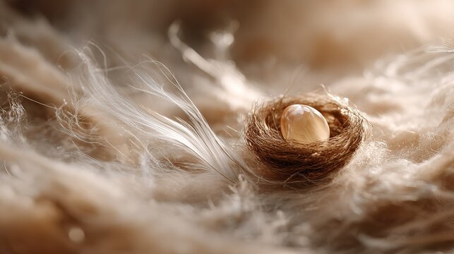 Close up of  delicate bird's nest containing  single smooth light colored egg surrounded by soft fluffy feathers and wispy strands