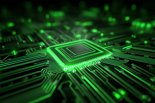 Close-up view of a glowing green microchip on a circuit board with intricate connections