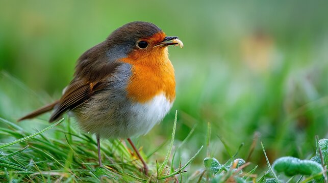 European robin with worm in its beak stands in dewy green grass bird wildlife