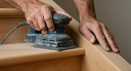 A person sands a wooden surface with an electric sander indoors.