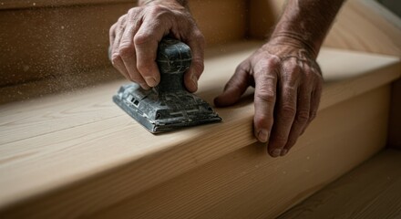 Person sanding wooden stairs with a hand sander indoors.