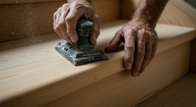 Person sanding wooden stairs with a hand sander indoors.