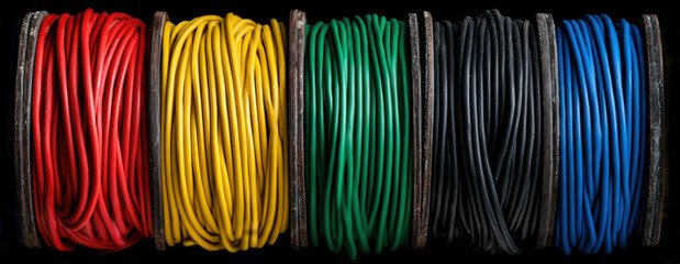Five spools of multicolored electrical wire are lined up side-by-side. The wires are a vibrant red, yellow, green, black, and blue, all neatly wound and ready for use