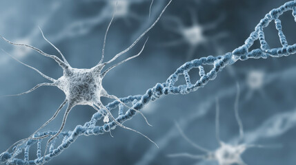 A detailed 3D illustration shows a neuron with its dendrites alongside a DNA helix on a blurred background. The image represents the concepts of genetics, biology, neurology, and medical science