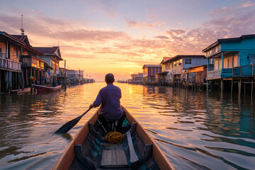 A Bruneian boatman steering a traditional water taxi through the quiet canals of Kampong Ayer at sunrise.