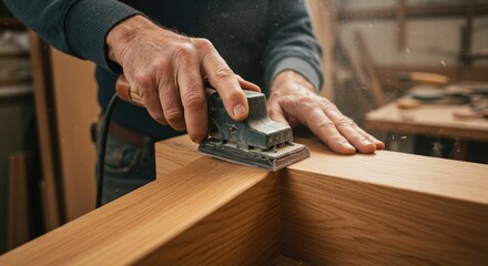 Hands sanding wood with a power sander in a workshop environment.