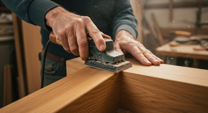 Hands sanding wood with a power sander in a workshop environment.