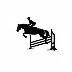 Fototapeta premium Dynamic silhouette of a horse and rider jumping over a grassy field
