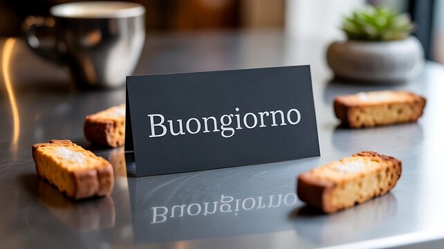 Buongiorno sign with biscotti and coffee cup on a table