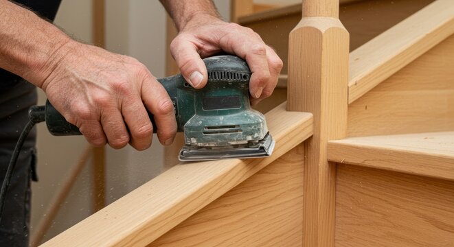 Person sanding wooden staircase with power tool indoors during home improvement project.
