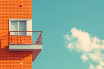 Orange brick building with balcony and a window beside a blue sky with a cloud