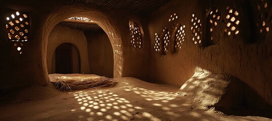 A traditional mud house interior with walls made of natural adobe, and an arched doorframe adorned with intricate patterns