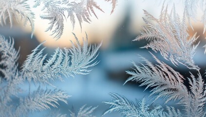 Delicate frost patterns on a winter windowpane.