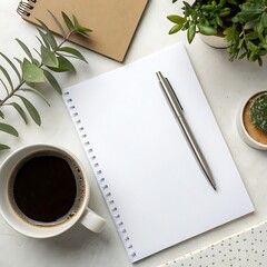 Minimalistic Workspace with Coffee Cup, Blank Notebook, Pen, and Greenery on a White Tabletop
