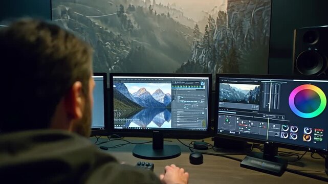 A colorist reviewing a sunset scene, tweaking contrast and hue for emotional effect in a dark editing room with RGB scopes glowing.