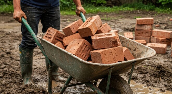 Person pushing wheelbarrow filled with red bricks on dirt ground outdoors. - Powered by Adobe