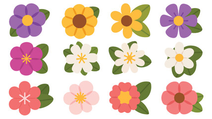 Obraz premium Collection of twelve whimsical flat vector flower illustrations in cheerful colors great for spring designs and botanical themes in various shades and hues with green leaves