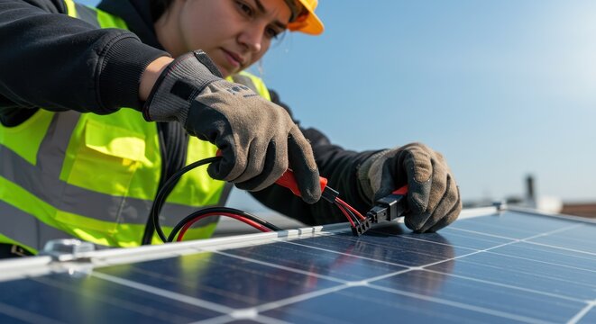 Worker installing solar panels on a rooftop wearing protective gear.