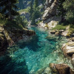 Fototapeta premium Crystal-clear mountain river flows through rocky gorge, sunny day, lush greenery background; nature travel scene