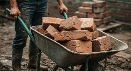Person pushing a wheelbarrow filled with bricks outdoors construction or renovation.