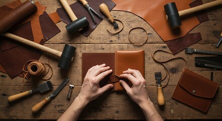 Craftsman working on leather goods with tools and materials spread out on a wooden table