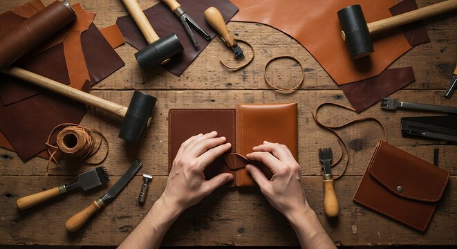 Craftsman working on leather goods with tools and materials spread out on a wooden table