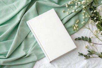 Blank Book on Soft Drapes with Green Fabric and Fresh White Flowers for Stylish Decor