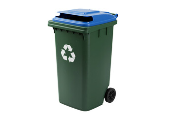 Green Wheeled Recycling Bin with Blue Lid isolated on transparent background
