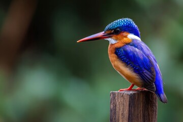 Vivid bird blue head and orange chest perched on a wooden post blurred green background