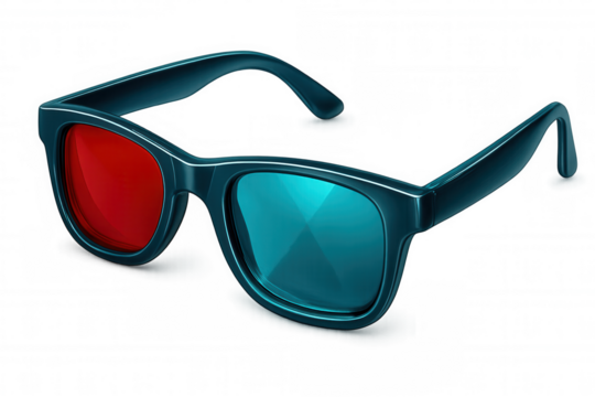 3d glasses featuring red and cyan lenses resting on transparent surface, providing immersive visual enhancement for cinematic viewing