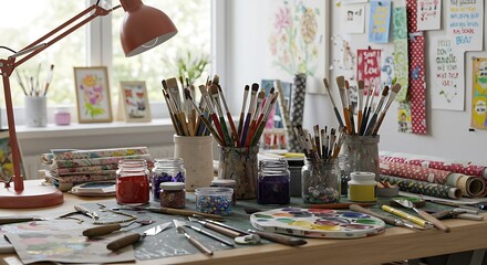 Artistic Workspace with Brushes, Paints, and Creative Supplies