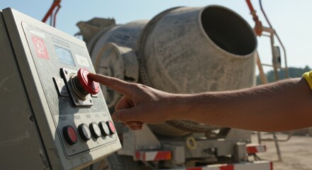 A hand presses a red button on a control panel near a concrete mixer.