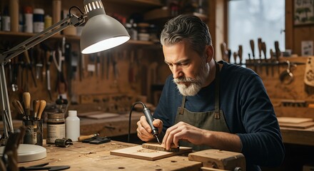 Craftsman meticulously working on wood in a well-lit workshop