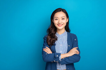Confident young Asian woman in business casual attire smiling with arms crossed.