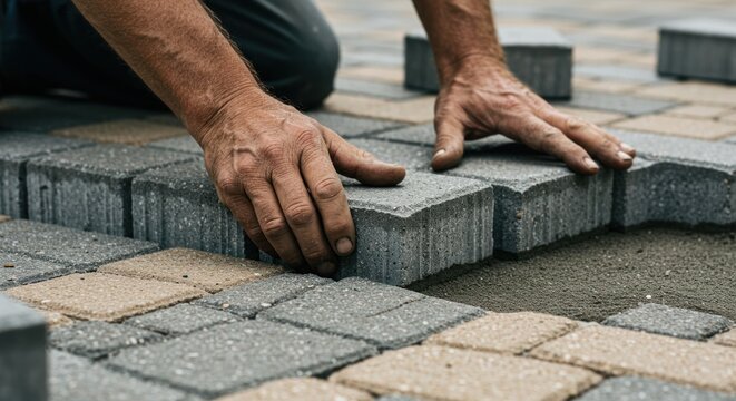 Hands laying gray and beige paving stones in a patterned arrangement outdoors.