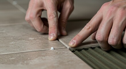 Hands placing tile with adhesive on floor during home renovation project.