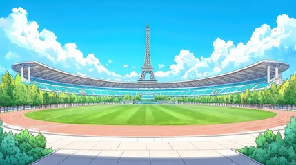 Paris stadium Eiffel athletics arena illustration. Landmark architecture, sports field, athletics arena. Urban destination, panoramic cityscape, modern structure, empty grandstand, digital design,