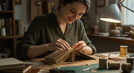 A craftsman meticulously binds a book in a well-lit workshop, surrounded by tools and materials.