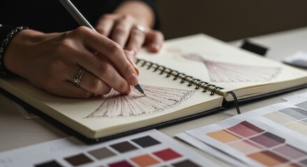 Hands drawing a design in a sketchbook with color swatches nearby.