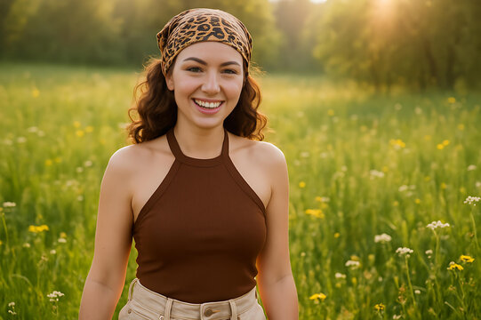 Stylish woman in leopard bandana with halter neck brown crop top