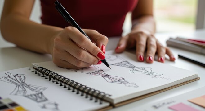 Woman drawing fashion sketches in a notebook with a pen on a desk.