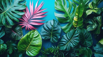 A vibrant backdrop of tropical plants, their lush green and pink foliage contrasted by a bold, square neon frame in shades of blue and pink, creating a visually captivating and modern design 